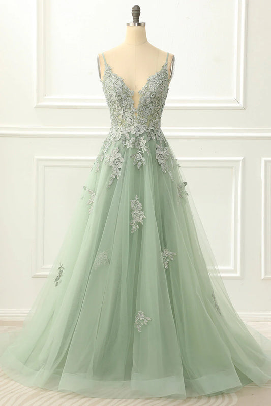 Green V-Neck Spaghetti Straps Tulle Lace-Up Back Prom Dress with Appliques