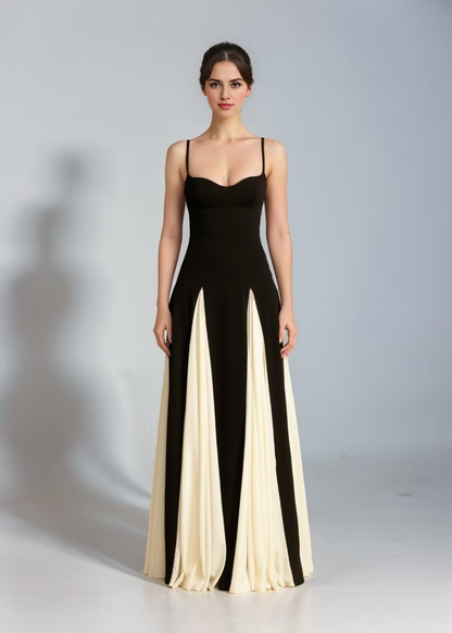 Formal Wear Dresses A Line Elegant Sleeveless Color Block Pleated Maxi Dress Low Cut Patchwork Swing Dress High Waist Flowy Sling Dress Prom Dress