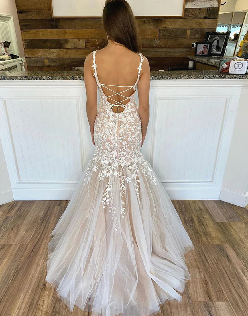 Tulle Lace Mermaid Long Prom Dress