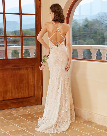 Mermaid Halter White Lace Wedding Dress with Sweep Train