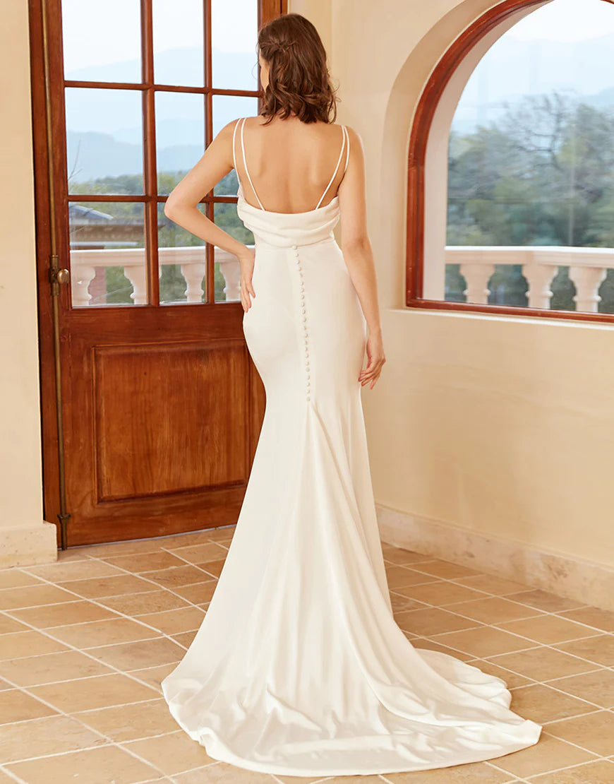 Mermaid Spaghetti Straps White Wedding Dress with Button