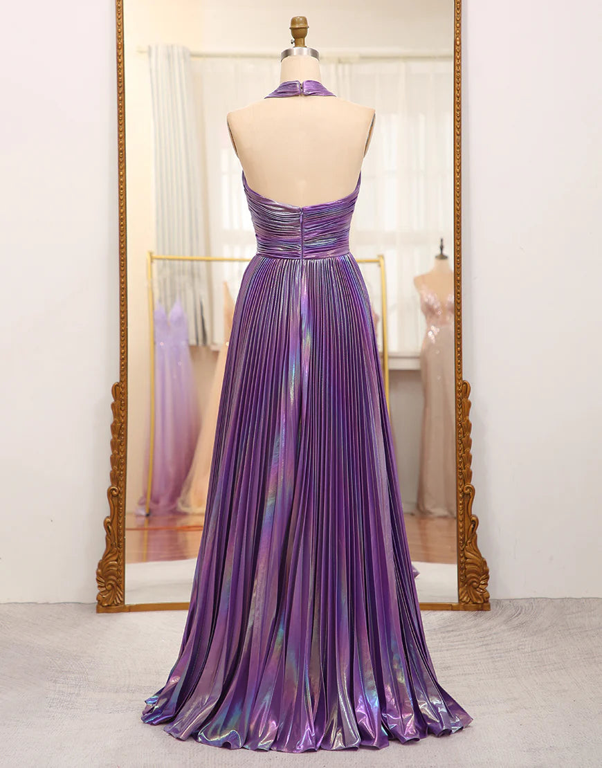 A Line Halter Long Prom Dress With Slit