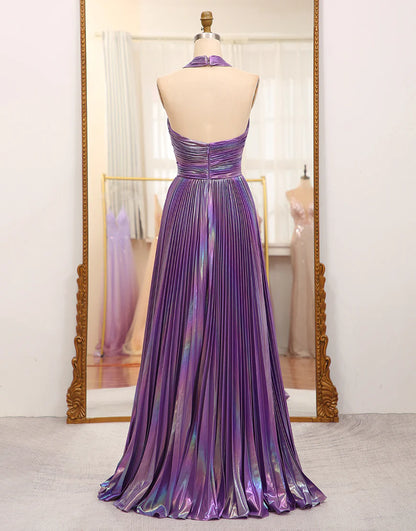 A Line Halter Long Prom Dress With Slit