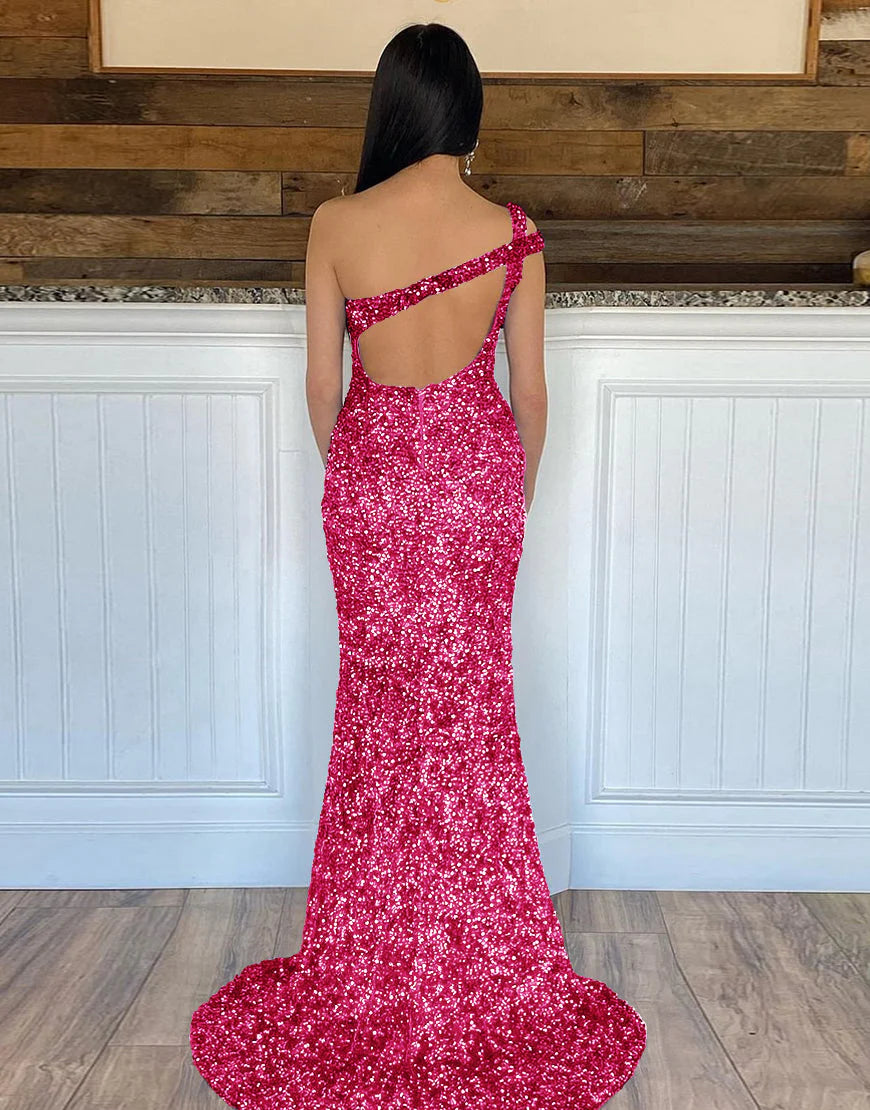 One Shoulder Open Back Sequin Prom Dress