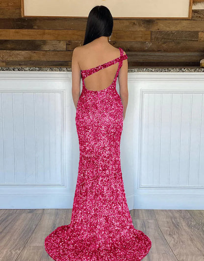 One Shoulder Open Back Sequin Prom Dress