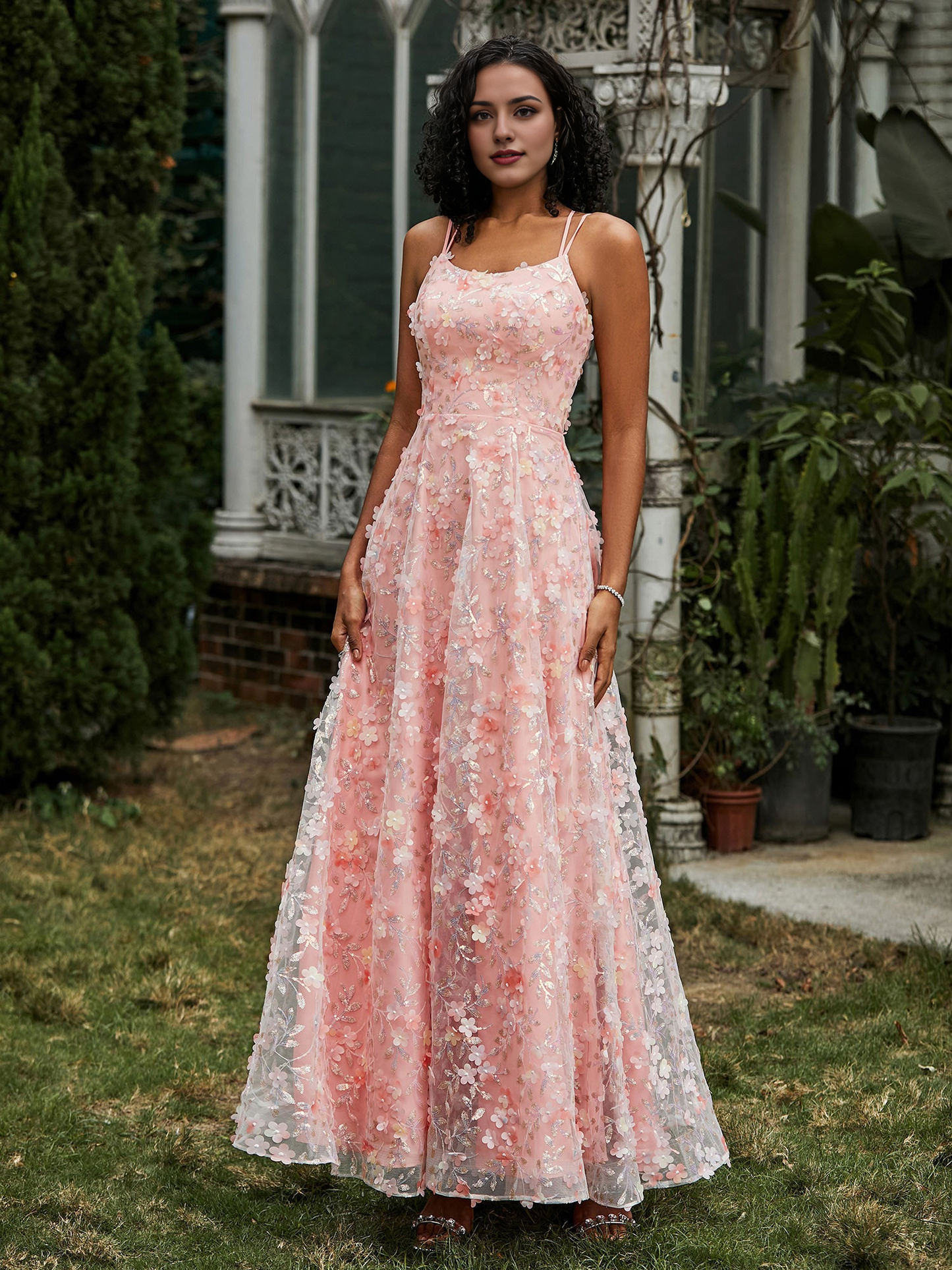 Flowers Appliqued Spaghetti Straps Lace-Up Coral Prom Dress