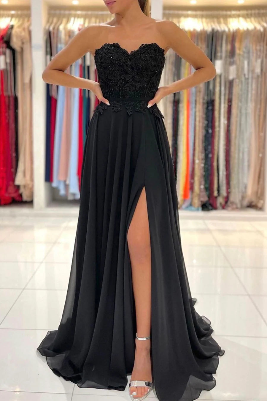 A-Line Strapless Chiffon Evening Dresses With Slit  Bridesmaid Dress With Lace Appliques