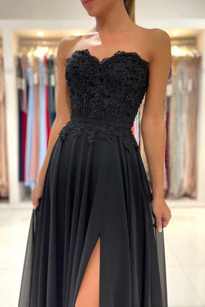 A-Line Strapless Chiffon Evening Dresses With Slit  Bridesmaid Dress With Lace Appliques