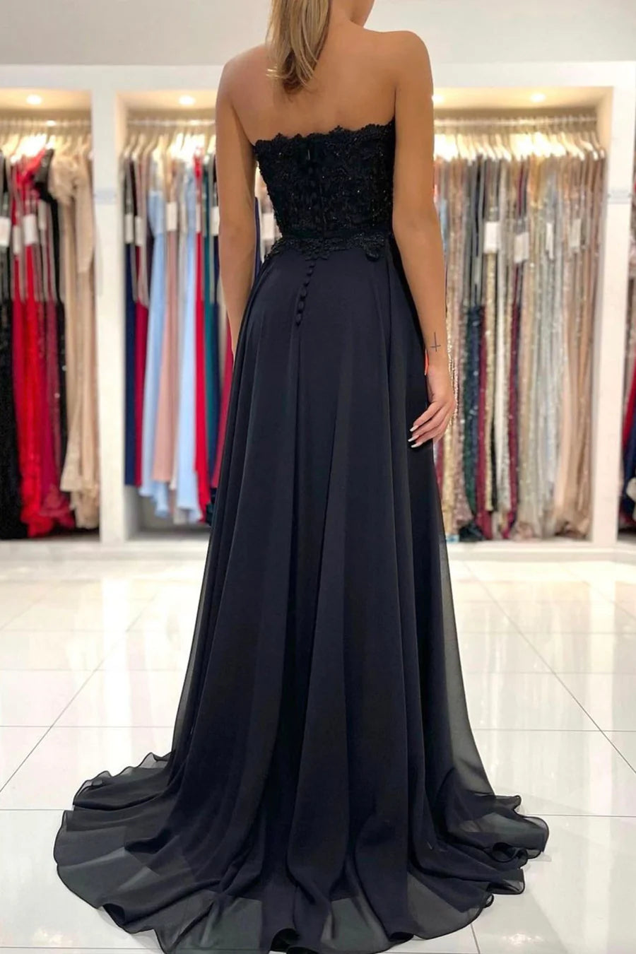 A-Line Strapless Chiffon Evening Dresses With Slit  Bridesmaid Dress With Lace Appliques