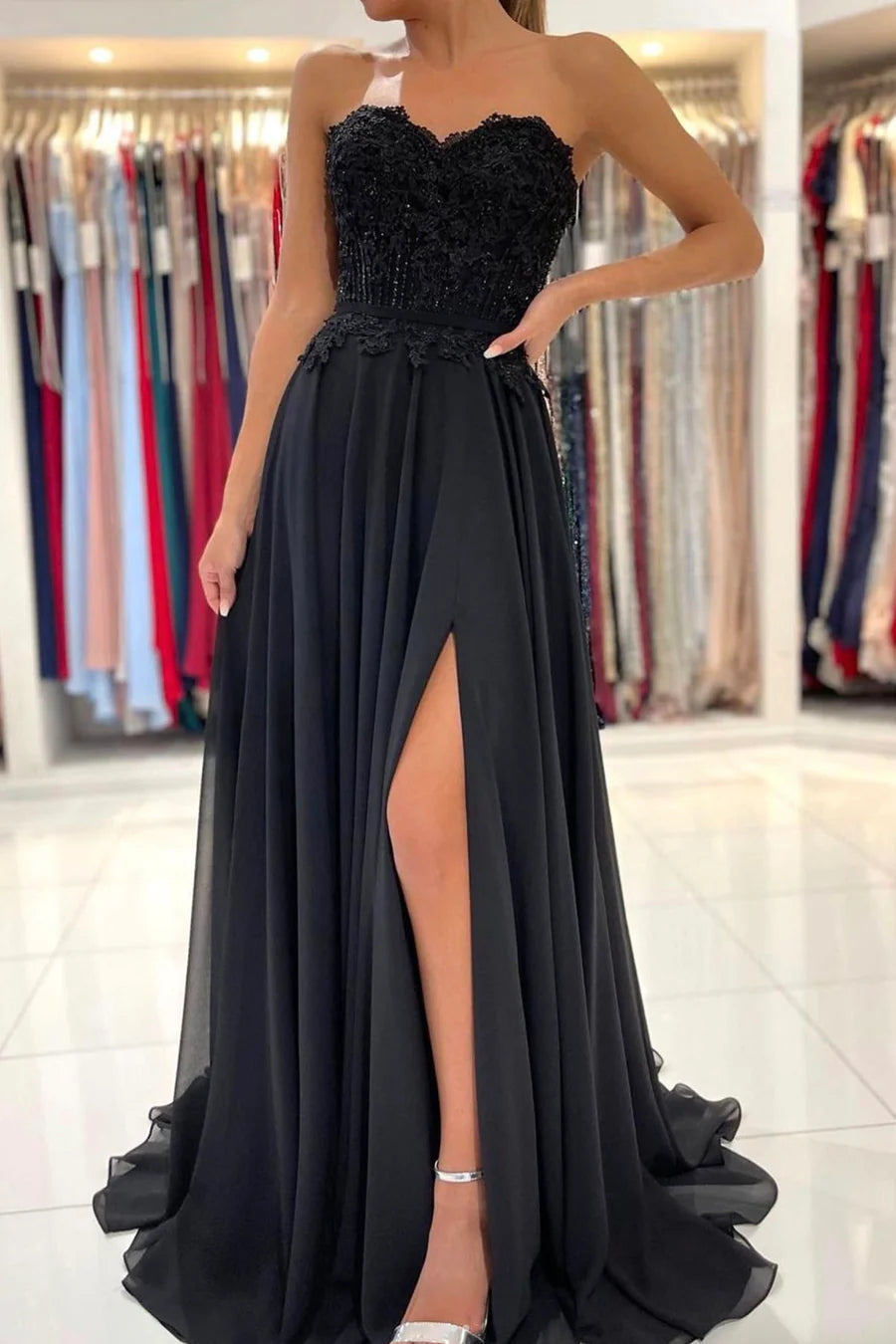 A-Line Strapless Chiffon Evening Dresses With Slit  Bridesmaid Dress With Lace Appliques