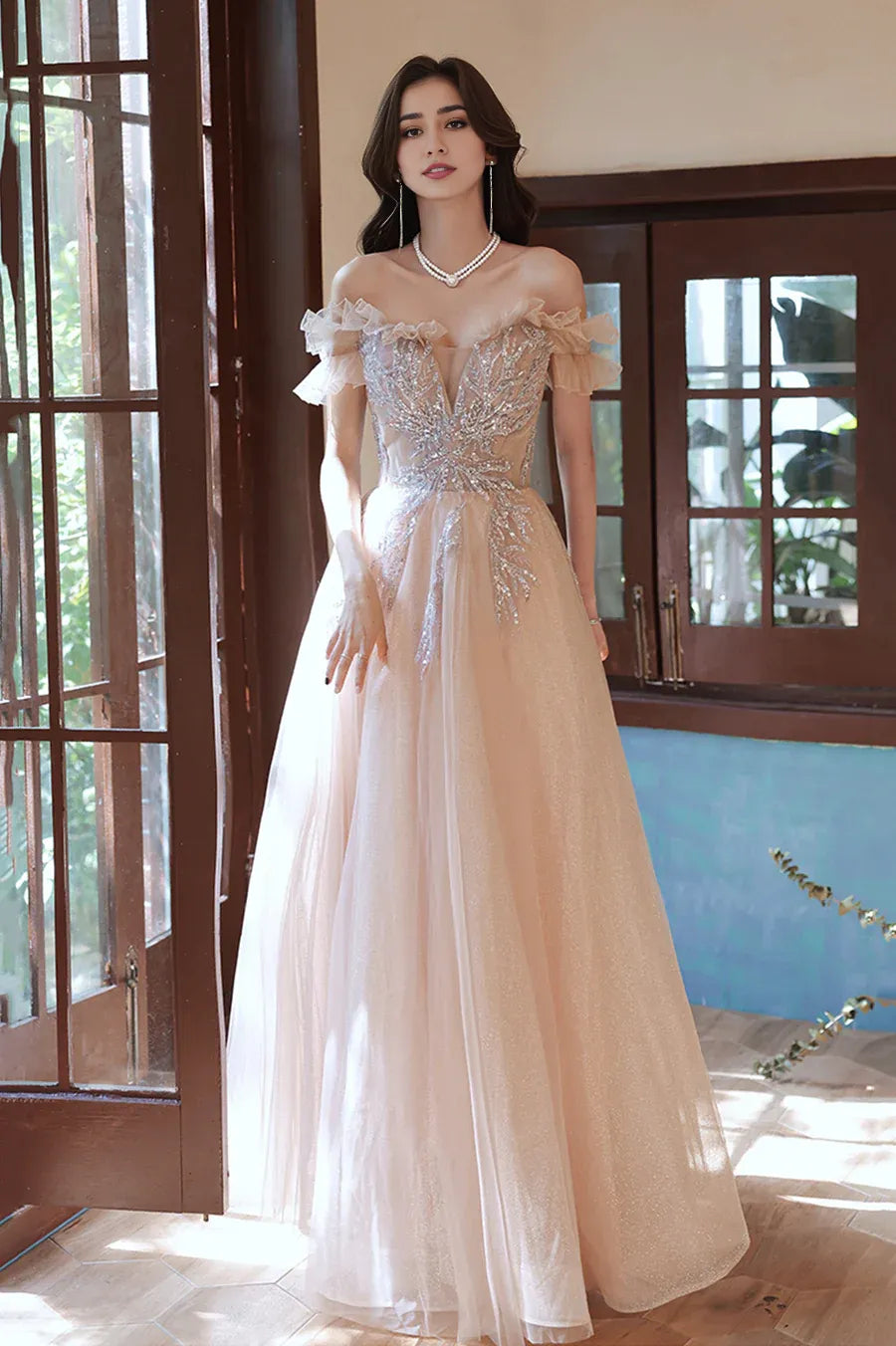 A-Line Tulle Sequins Long Prom Dress, Off the Shoulder Evening Dress