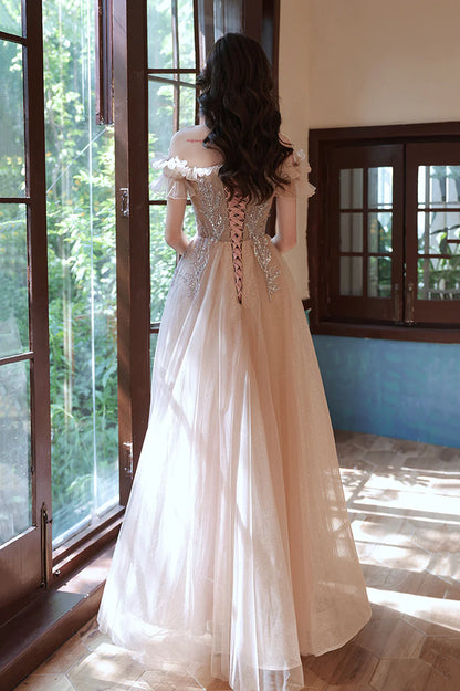 A-Line Tulle Sequins Long Prom Dress, Off the Shoulder Evening Dress