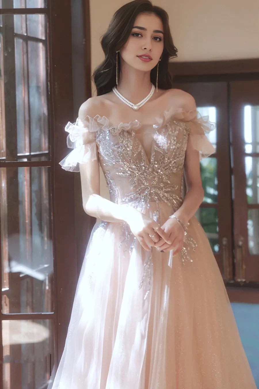 A-Line Tulle Sequins Long Prom Dress, Off the Shoulder Evening Dress