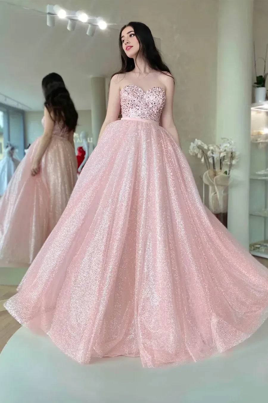 A-Line Sleek Glitter Sparking Sweetheart Sequins Long Prom Dress Lovely Evening Party Dress