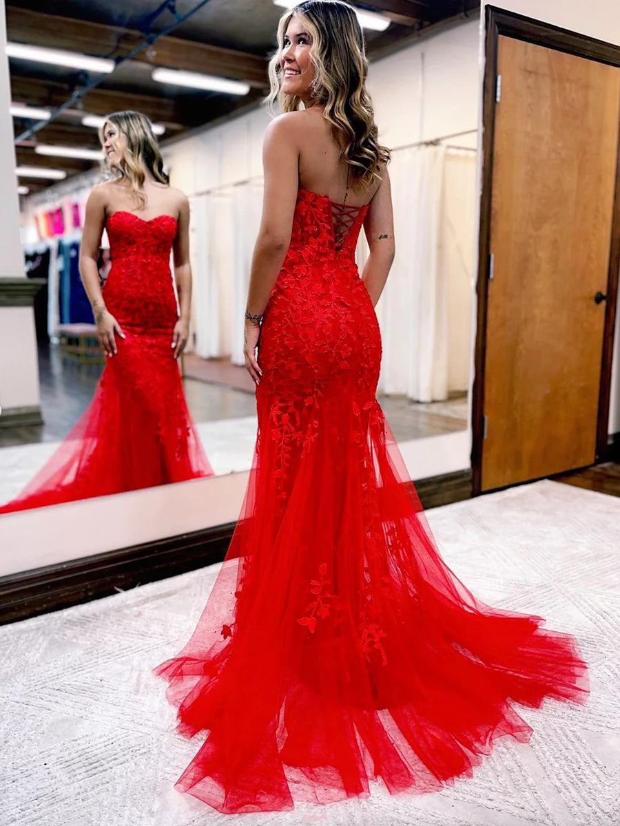 Sheath Mermaid Red Tulle Lace Long Prom Dress  Sweep/Brush Train Strapless Lace-up Evening Party Dress With Appliques