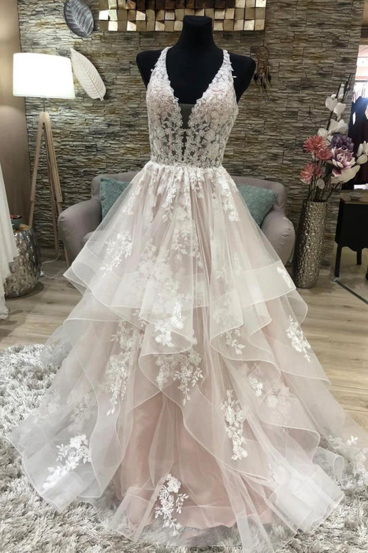 Wedding Dresses Sweetheart V-Neck Floor Length Lace Tulle Sleeveless Long Prom Dresses with Lace Appliques