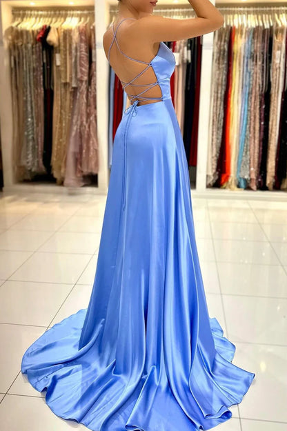 A-Line Evening Dress V-Neck Satin Long Prom Dress with Slit