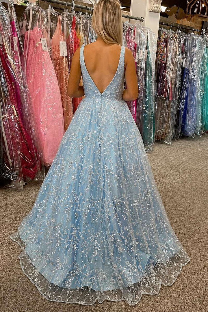 Princess  Lace V-Neck Backless A-Line Prom Gown