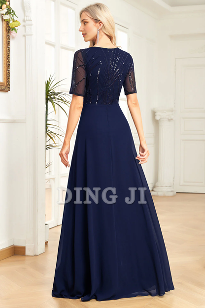 Formal Wear Dresses A Line Sparkly Round Neck Sequin Short Sleeves Elegant Simple Prom Dress