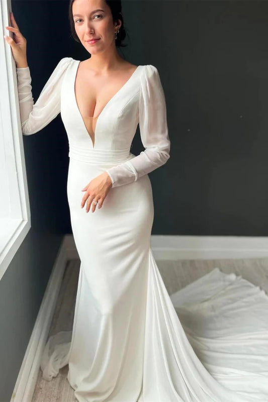 White Plunge V Backless Long Sleeves Back Buckle Mermaid Long Wedding Dress ﻿