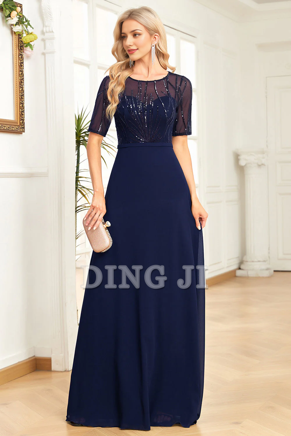 Formal Wear Dresses A Line Sparkly Round Neck Sequin Short Sleeves Elegant Simple Prom Dress