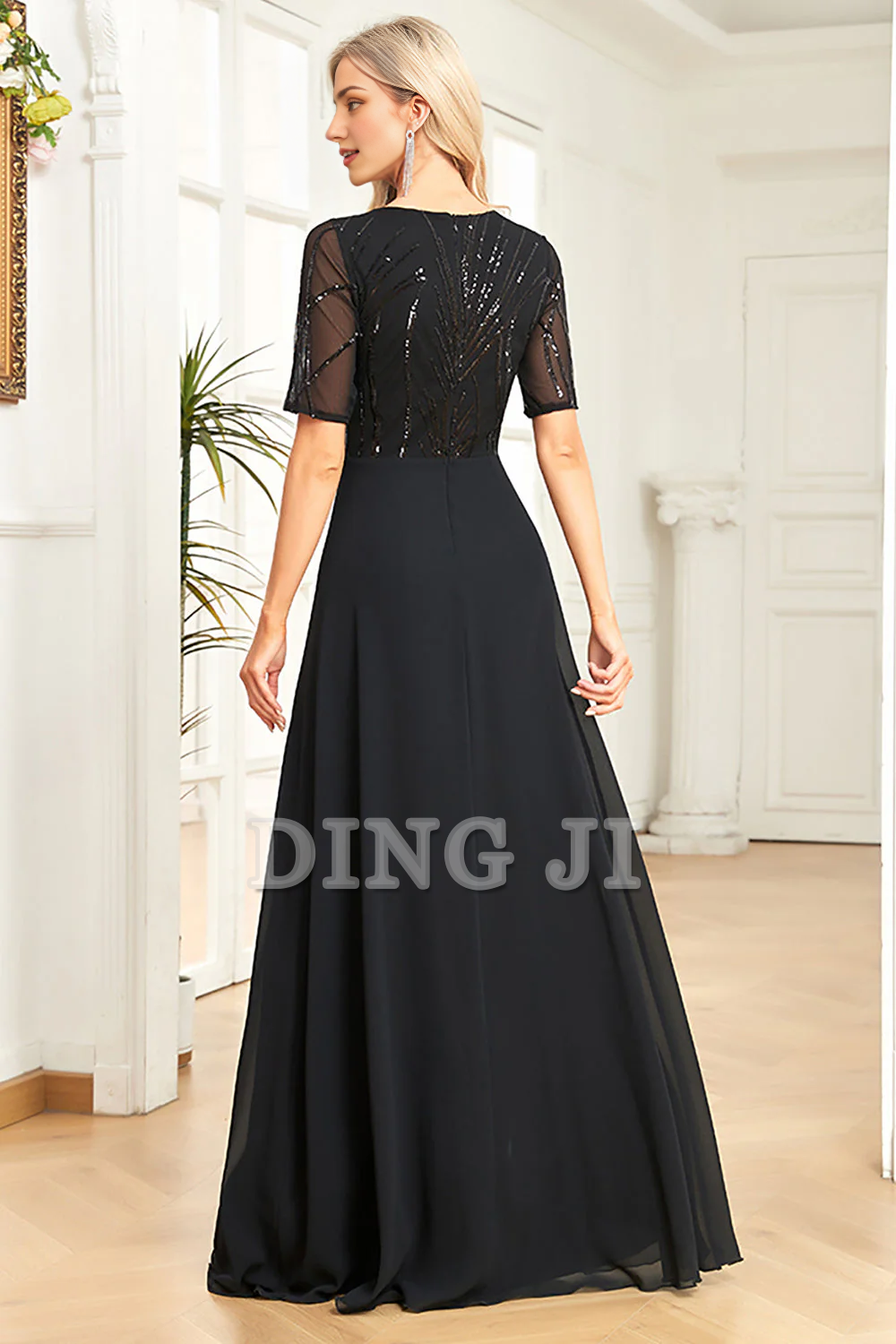 Formal Wear Dresses A Line Sparkly Round Neck Sequin Short Sleeves Elegant Simple Prom Dress