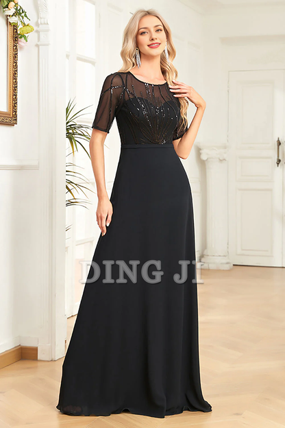 Formal Wear Dresses A Line Sparkly Round Neck Sequin Short Sleeves Elegant Simple Prom Dress