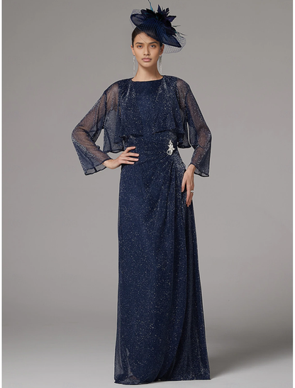 Fall November December Wedding Guest Dress Mother of the Groom / Bride Dresses Two Piece Sheath / Column Dress Suit Elegant Sparkle Shine Jewel Neck Floor Length Chiffon Long Sleeve with Buttons Dress