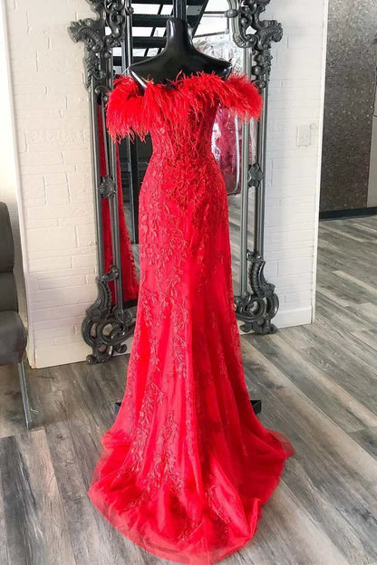 Floral Lace Feather Off-the-Shoulder Mermaid Long Prom Dress