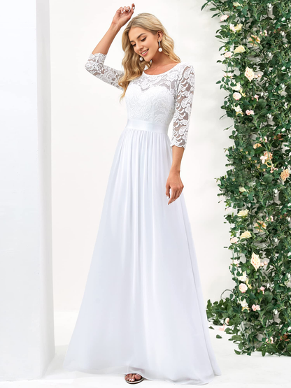 New Pattern Wedding Dress A-line Round Neck Lace 3/4 Sleeve Chiffon Elegant Simple Formal Women's Dresses