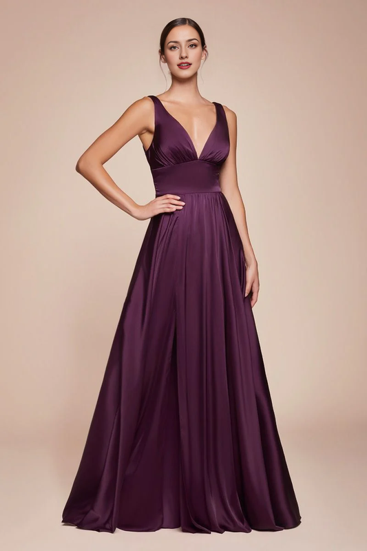 November December Wedding Guest Formal Dress Satin A-Line Deep V-Neck Open Front Leg Slit Backless Prom Dress