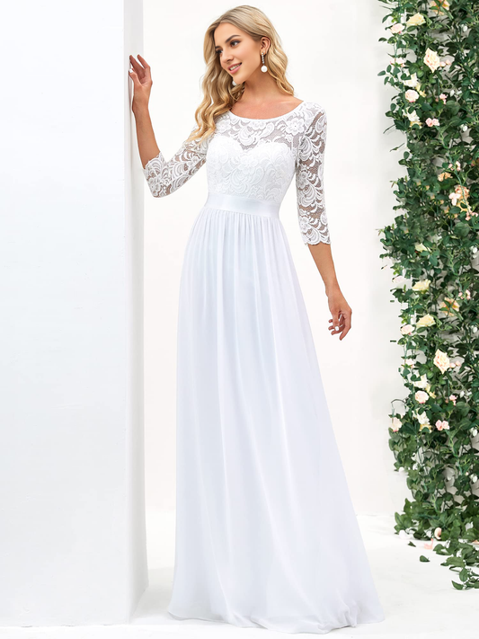 New Pattern Wedding Dress A-line Round Neck Lace 3/4 Sleeve Chiffon Elegant Simple Formal Women's Dresses