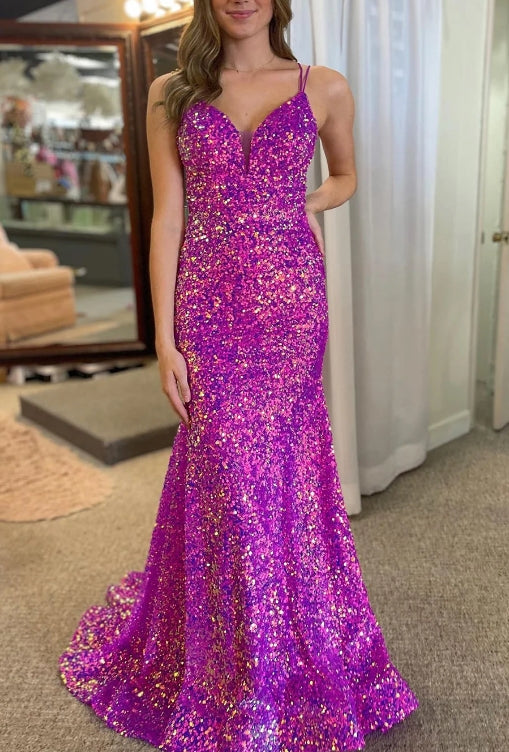 Purple Mermaid V-Neck Sequins Glitter Spaghetti Straps Lace-Up Back Prom Dress
