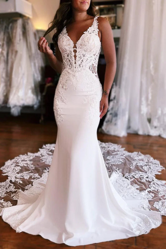 Gorgeous Mermaid V Neck Satin Floor-Length Wedding Dresses with Appliques