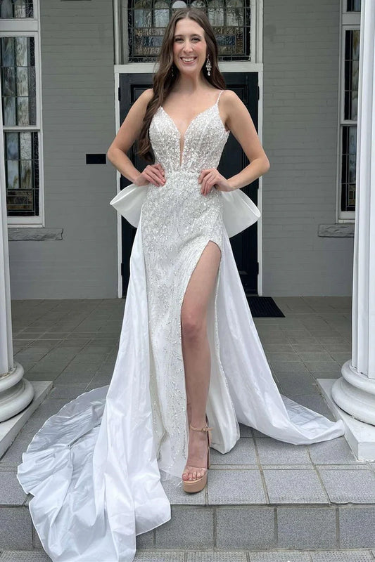 White Glitter Lace V-Neck Plumge V Mermaid Wedding Dress with Attached Train And Split