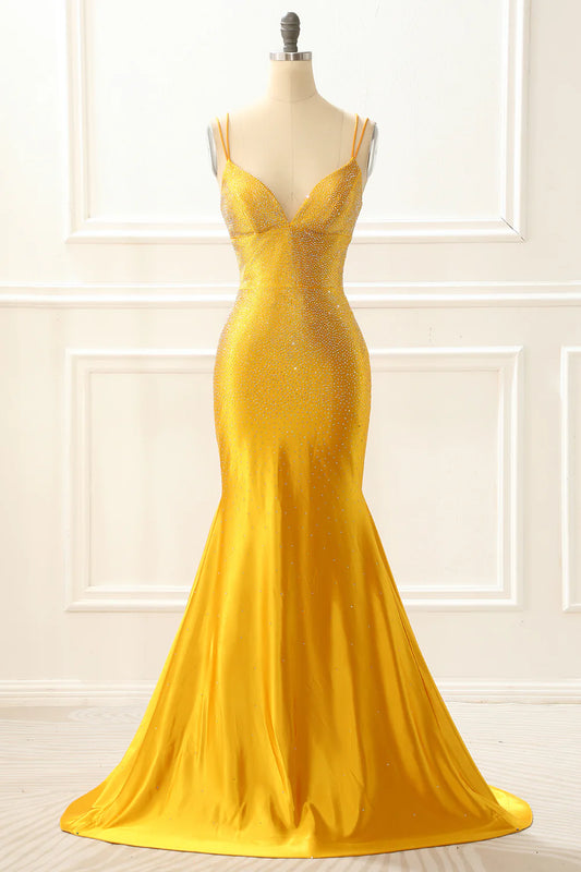Yellow V-Neck Spaghetti Strap Satin Mermaid Lace-Up Back Glitter Prom Dress with Beading