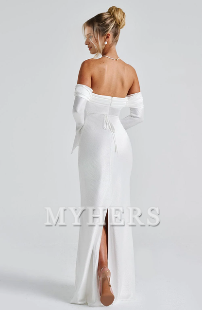 Elegant Mermaid Bardot Neckline Twisted Panel Long Sleeves Slighted Flared Split Cuffs Dresses Fashion Bridesmaid Dresses Wedding Guests Dresses