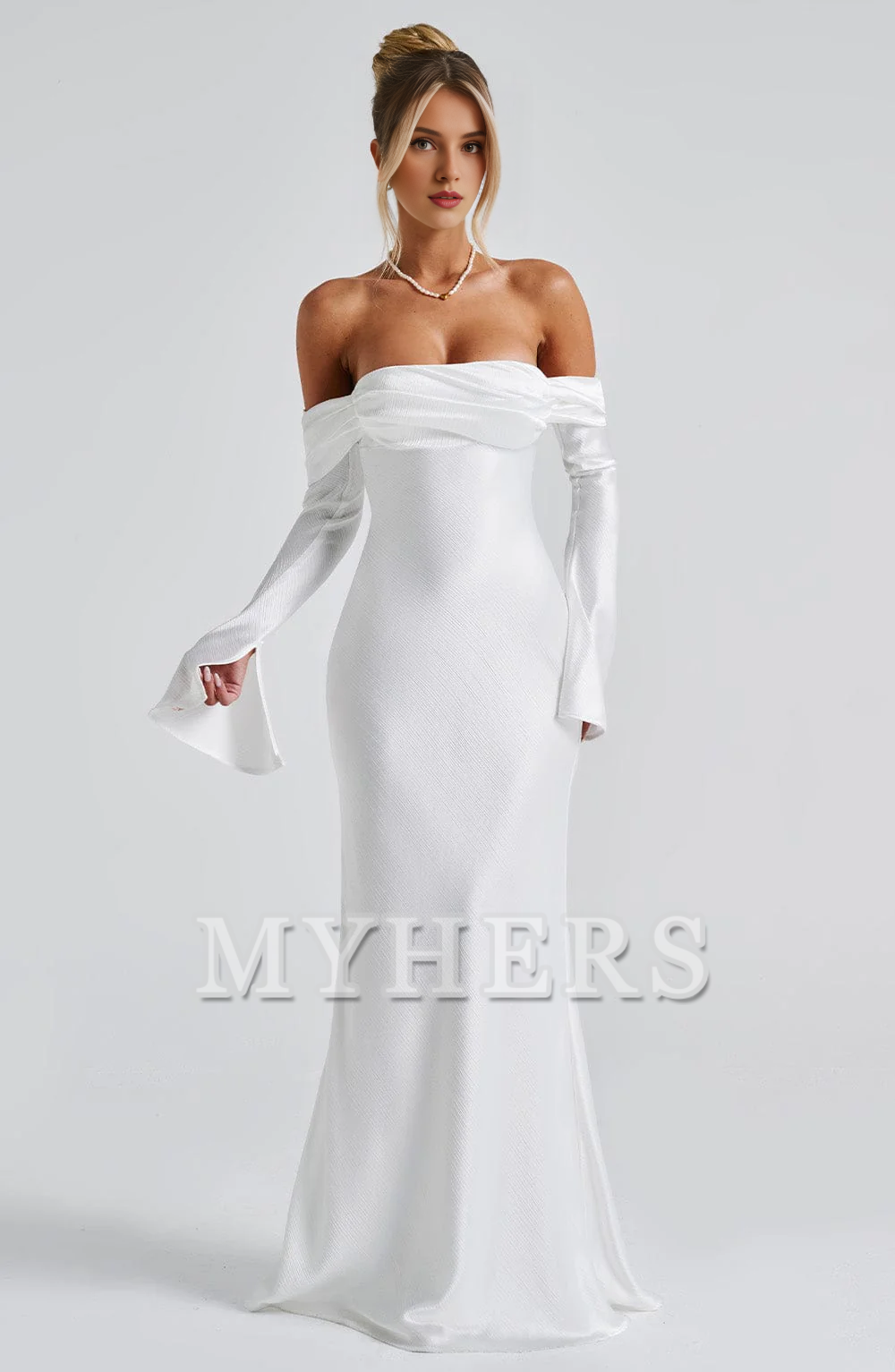 Elegant Mermaid Bardot Neckline Twisted Panel Long Sleeves Slighted Flared Split Cuffs Dresses Fashion Bridesmaid Dresses Wedding Guests Dresses