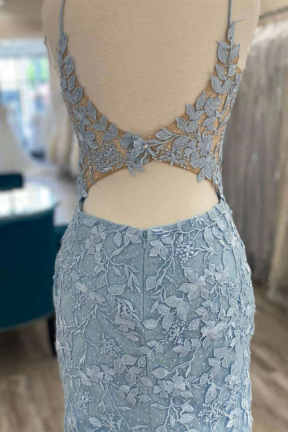 Cute Bodycon V Neck Light Blue Backless Lace Homecoming Dresses with Beading