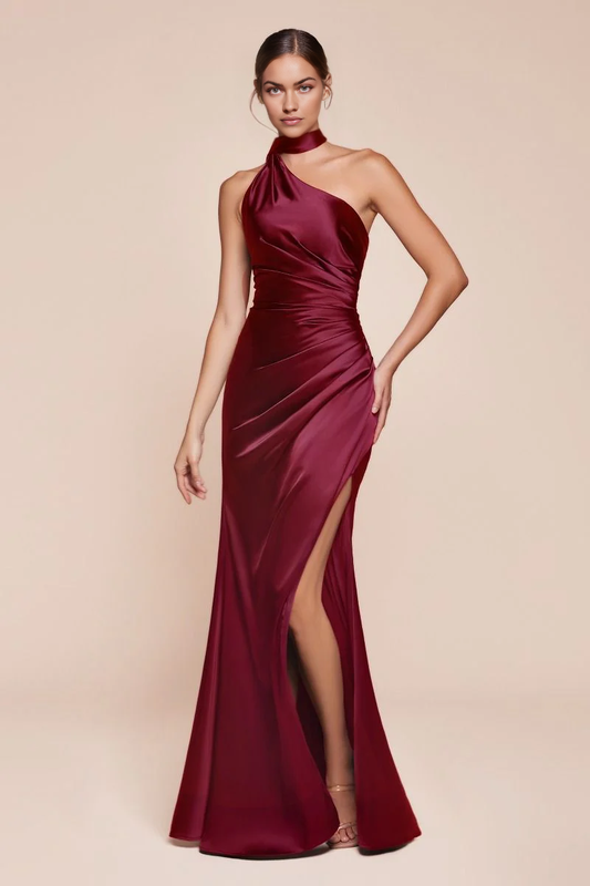 November December Wedding Guest Formal Dress Fitted Luxe Satin Gown One Shoulder Halter Neckline Gathered Waistline Leg Slit Simple Prom Dress