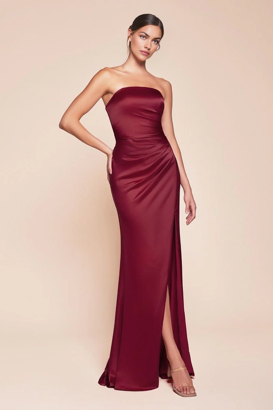 November December Wedding Guest Formal Dress Luxe Satin Gown Strapless Form Fitting Bodice Lace-Up Corset Strapless Straight Neckline Gathered Waistline Leg Slit Dress Has No Stretch Simple Prom Dress