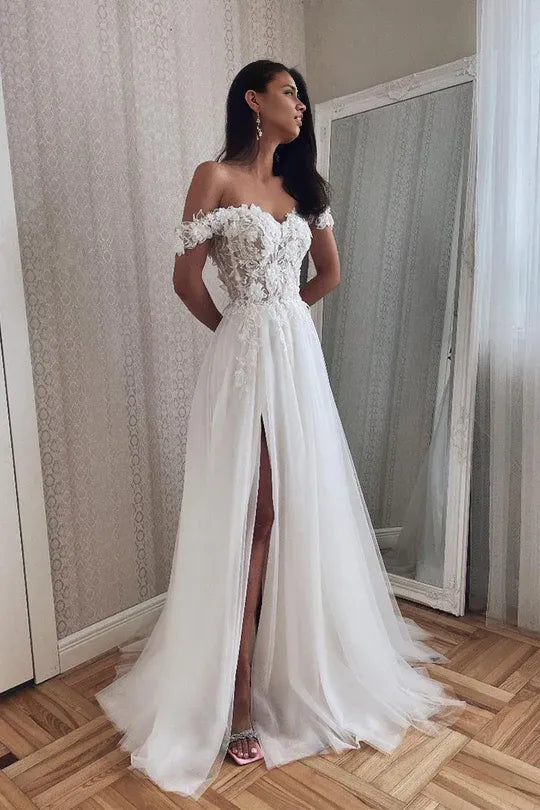 Charming A Line Off the Shoulder Tulle Split Fork Wedding Dresses with Appliques