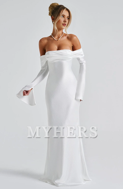 Elegant Mermaid Bardot Neckline Twisted Panel Long Sleeves Slighted Flared Split Cuffs Dresses Fashion Bridesmaid Dresses Wedding Guests Dresses