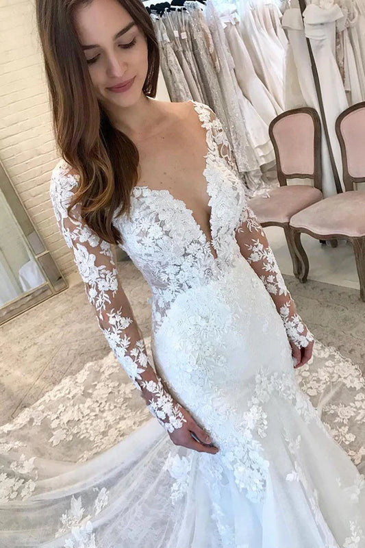 Elegant Mermaid V Neck Lace Long Sleeve Wedding Dresses with Appliques