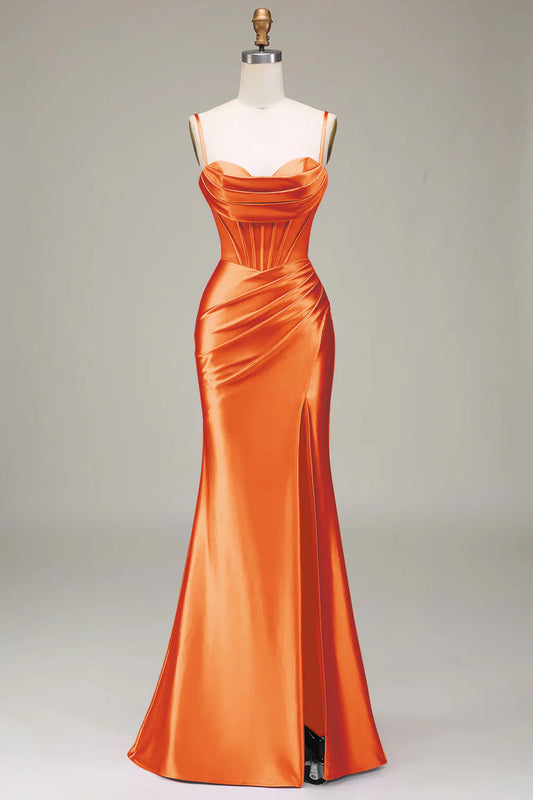 Orange Satin Spaghetti Straps Split Fork Lace-Up Back Slim-fit Prom Dress with Corset