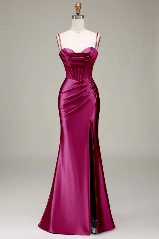Burgundy Satin Spaghetti Straps Split Fork Lace-Up Back Slim-fit Prom Dress with Corset