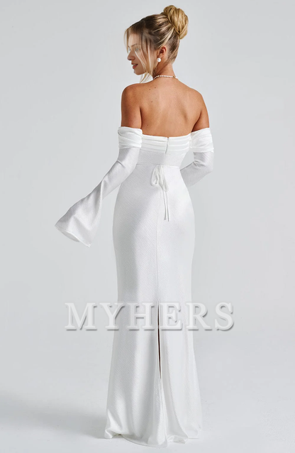 Elegant Mermaid Bardot Neckline Twisted Panel Long Sleeves Slighted Flared Split Cuffs Dresses Fashion Bridesmaid Dresses Wedding Guests Dresses