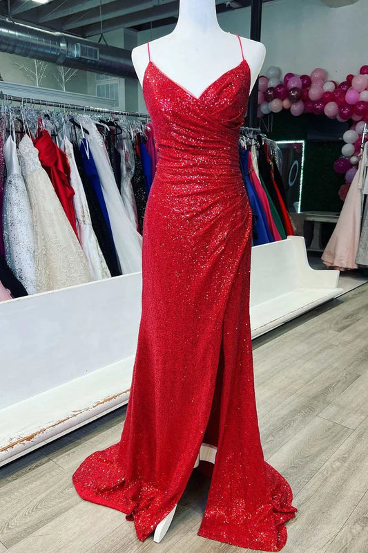Sequin Surplice Neck Lace-Up Back Mermaid Long Prom Dress
