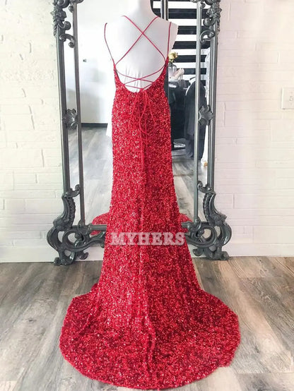 Formal Wear Dresses Wedding Guest Dresses Mermaid Spaghetti Straps Long Sequins Prom Dress Side Fork Fashion Evening Dress