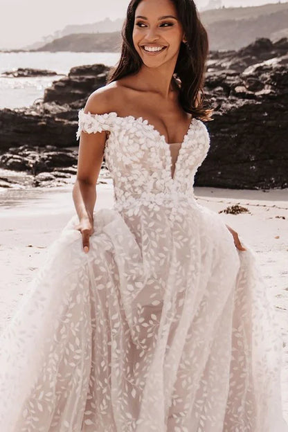 Charming A Line Off the Shoulder V-Neck Lace Mopping The Floor Wedding Dresses